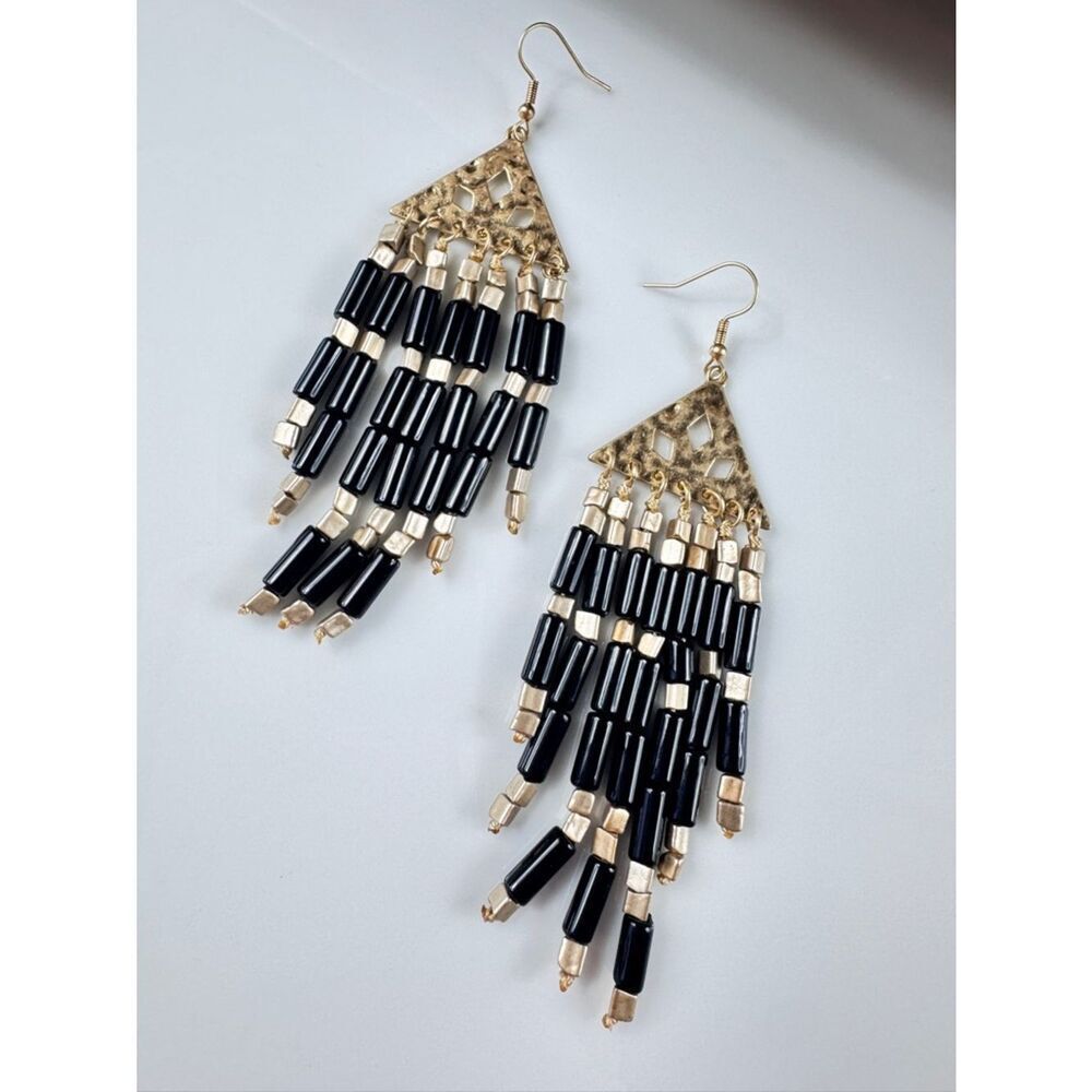 Free People Black and Gold Beaded Fringe Earrings
